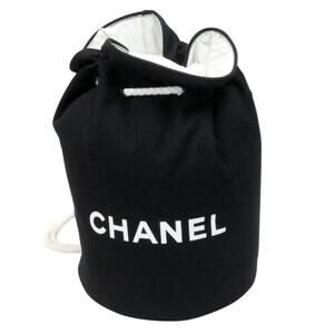 AUTH CHANEL Black & White Logo Large Jumbo Drawstring Canvas Bucket Bag Backpack